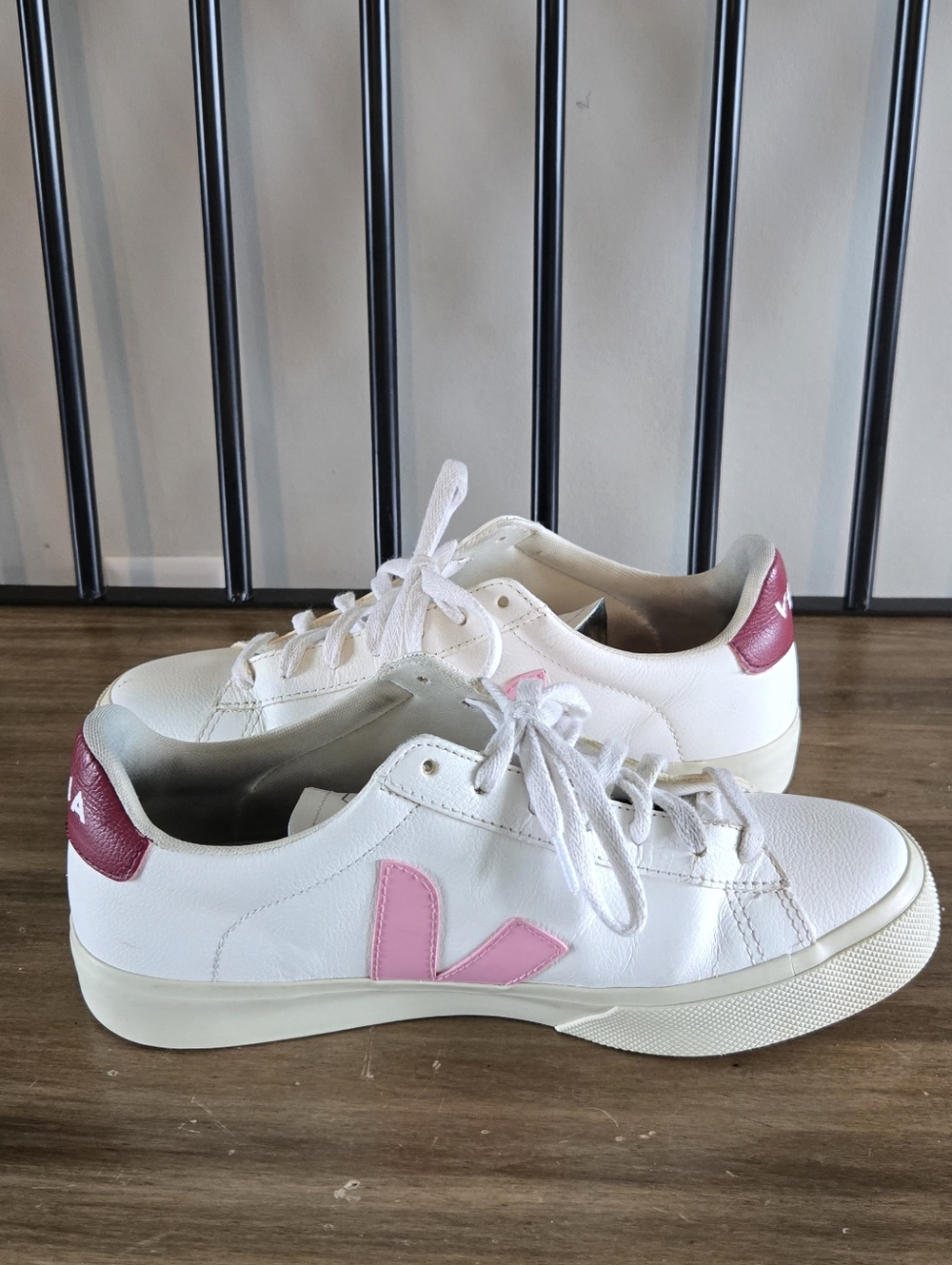 Veja Women's White Leather Campo Sneakers with Pink Accents - Picture 2 of 9